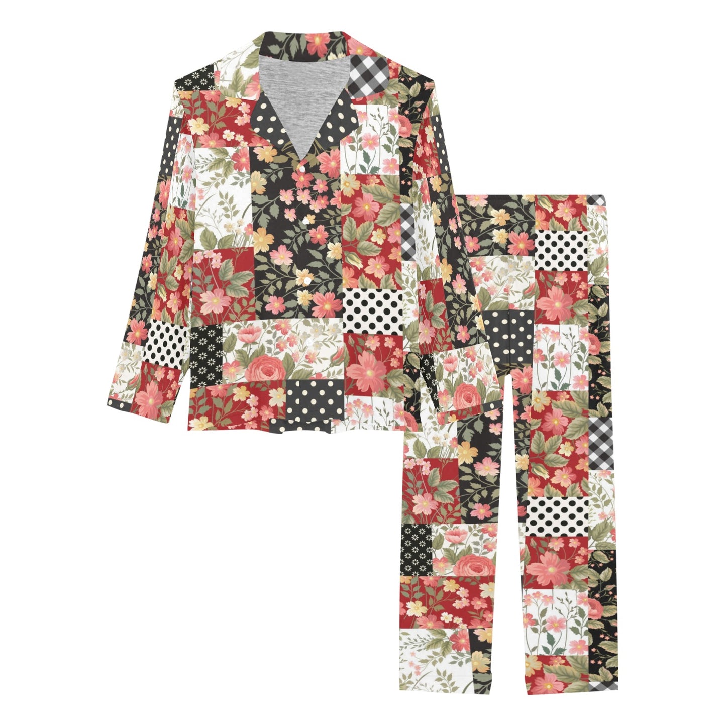 Patchwork Flower Pattern Print Design 03 Women's Long Pajama Set