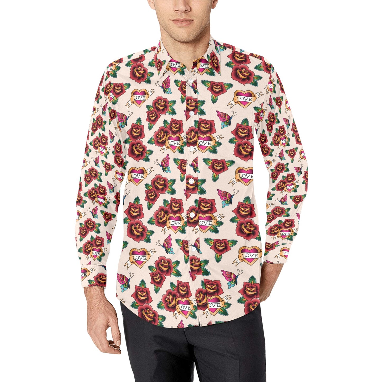 Tattoo Rose Print Design LKS302 Men's Long Sleeve Dress Shirt