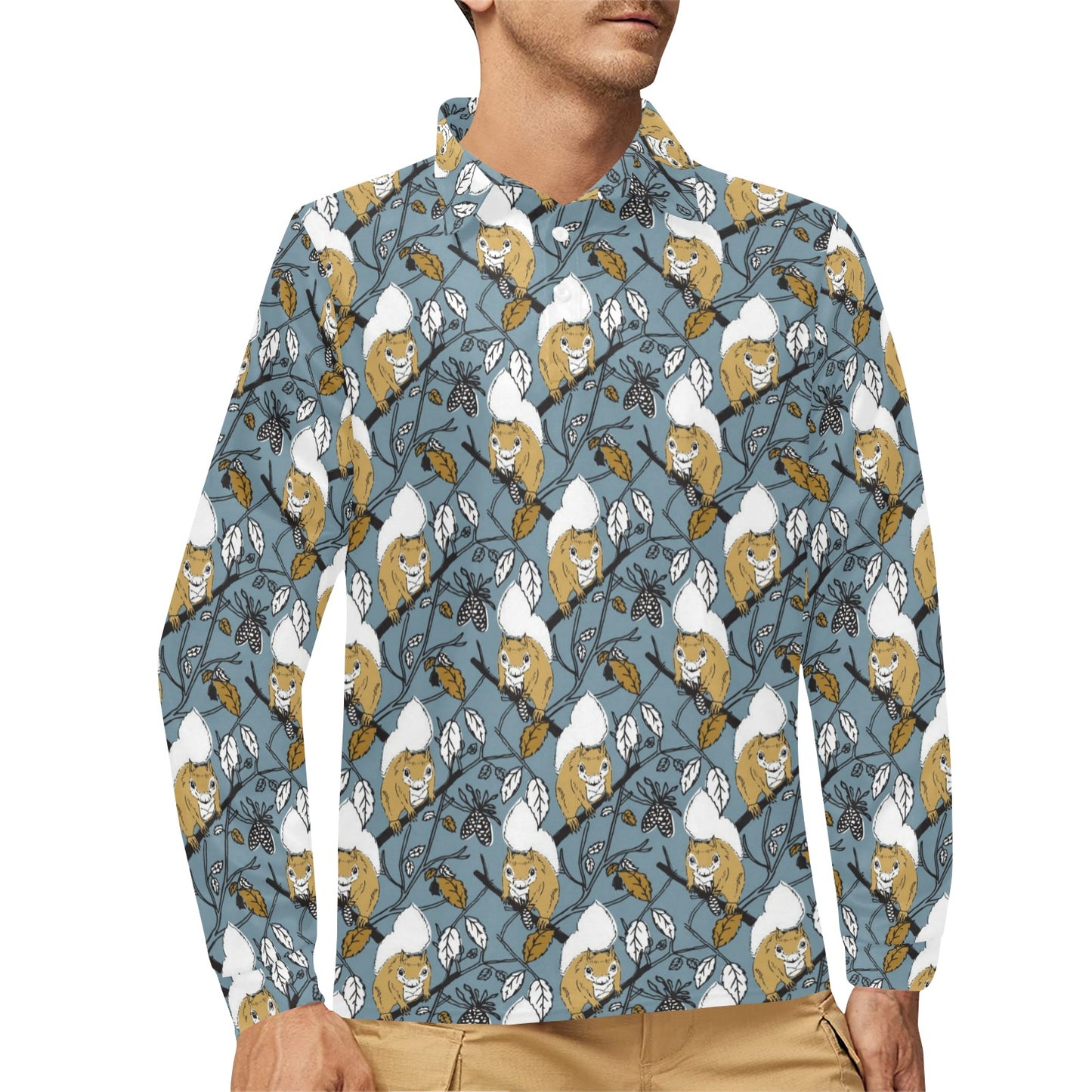 Squirrel Print Design LKS305 Long Sleeve Polo Shirt For Men's