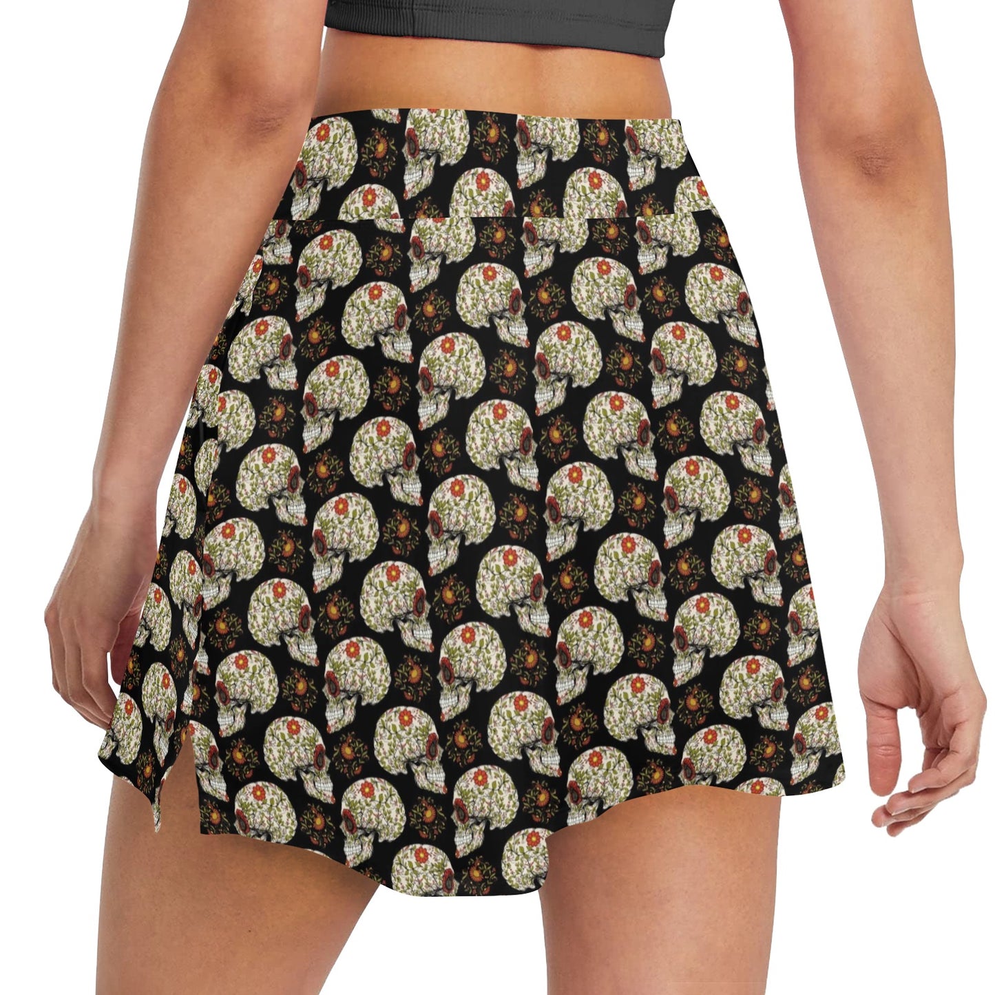 Sugar Skull Flower Design Themed Print 17" Golf & Pickleball Skort with Pockets