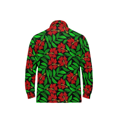 Red Hibiscus Embroidered Pattern Print Design HB032 Long Sleeve Polo Shirt For Men's