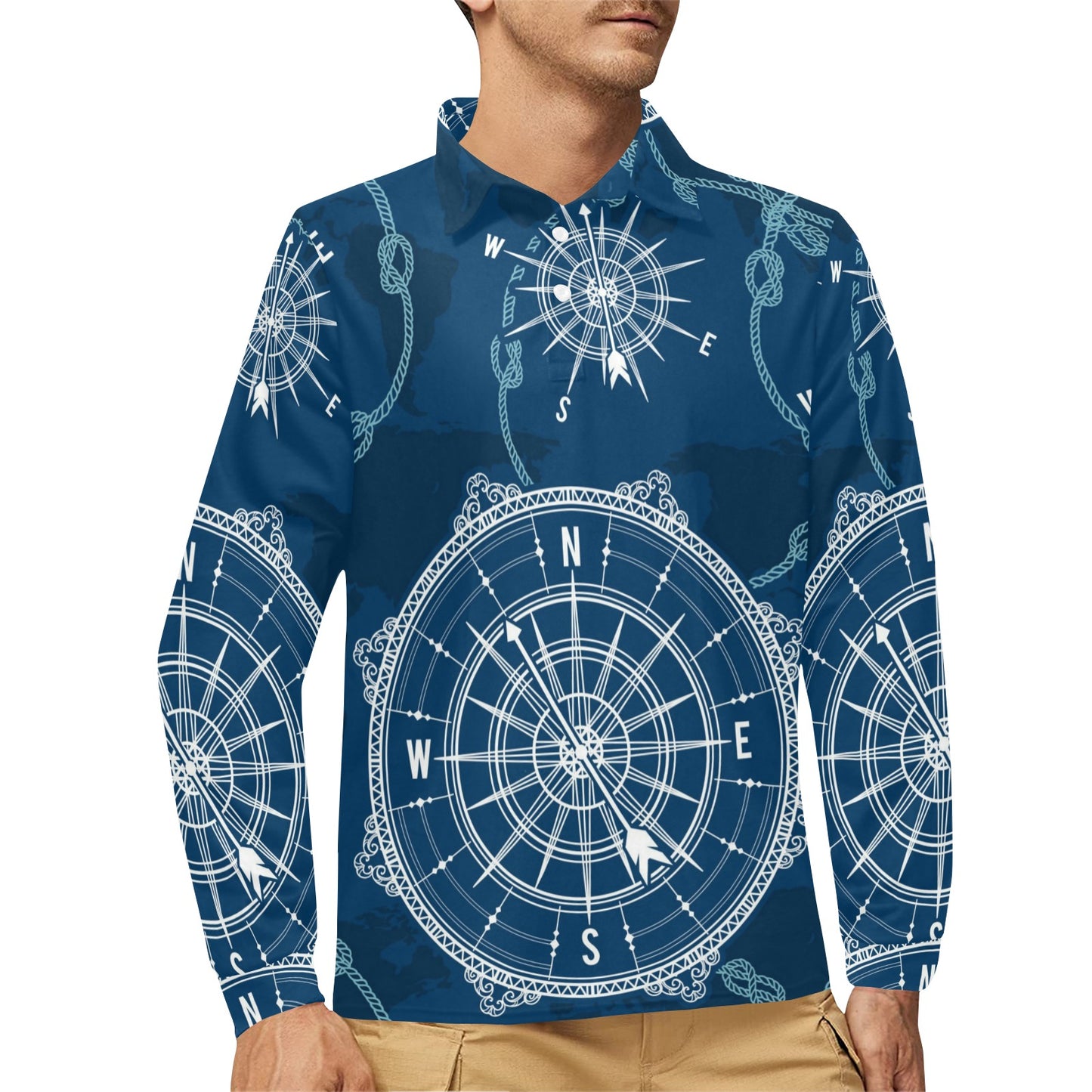 Nautical Compass Print Long Sleeve Polo Shirt For Men's