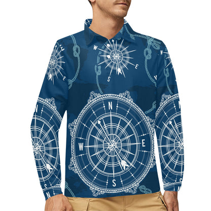 Nautical Compass Print Long Sleeve Polo Shirt For Men's