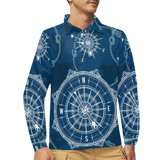 Nautical Compass Print Long Sleeve Polo Shirt For Men's