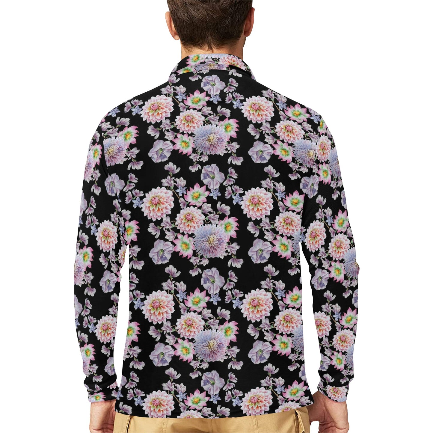Dahlia Pattern Print Design DH012 Long Sleeve Polo Shirt For Men's