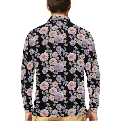 Dahlia Pattern Print Design DH012 Long Sleeve Polo Shirt For Men's