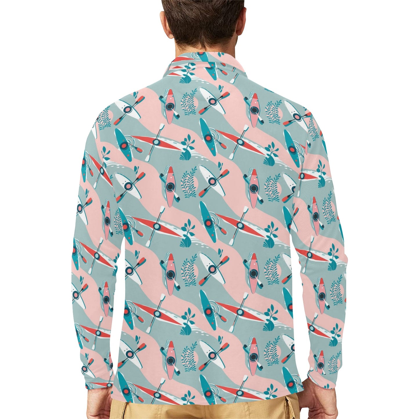 Kayak Pattern Print Design 05 Long Sleeve Polo Shirt For Men's