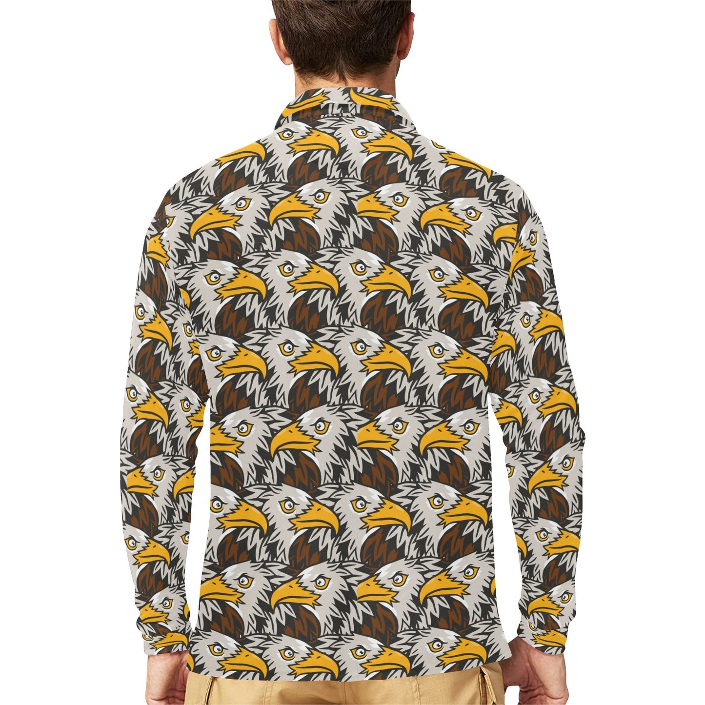 Eagles Head Pattern Long Sleeve Polo Shirt For Men's