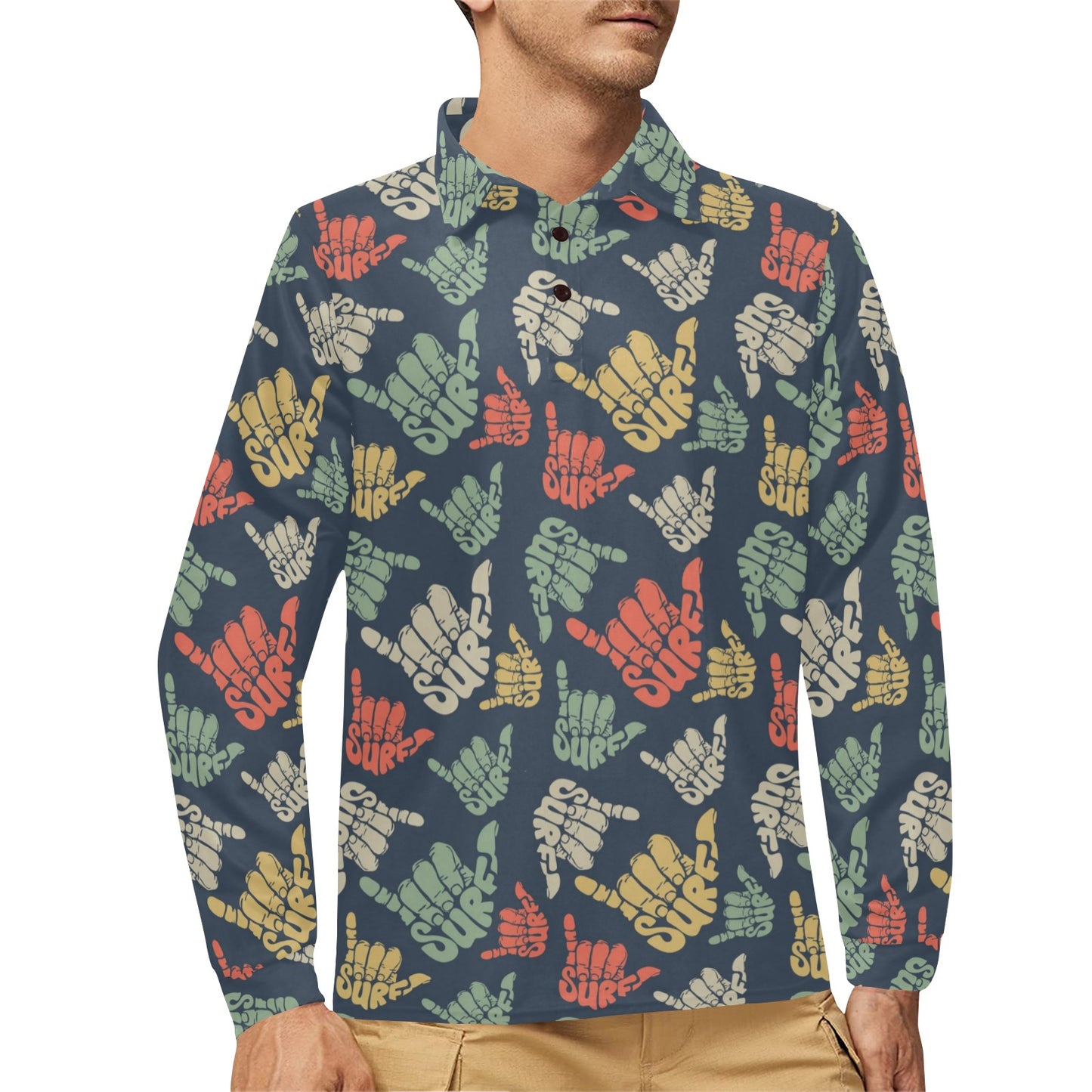 Surf Hand sign Long Sleeve Polo Shirt For Men's