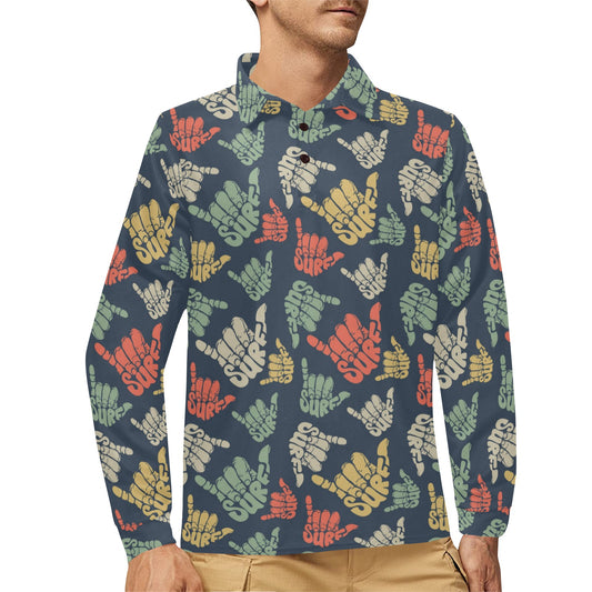 Surf Hand sign Long Sleeve Polo Shirt For Men's