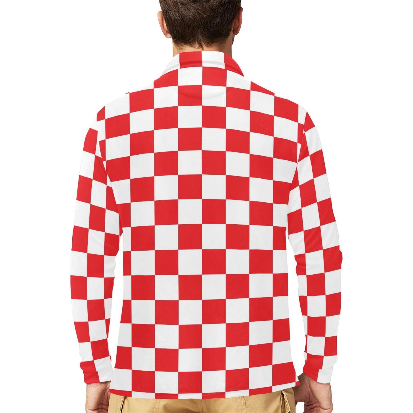 Checkered Red Pattern Print Design 04 Long Sleeve Polo Shirt For Men's
