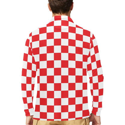 Checkered Red Pattern Print Design 04 Long Sleeve Polo Shirt For Men's