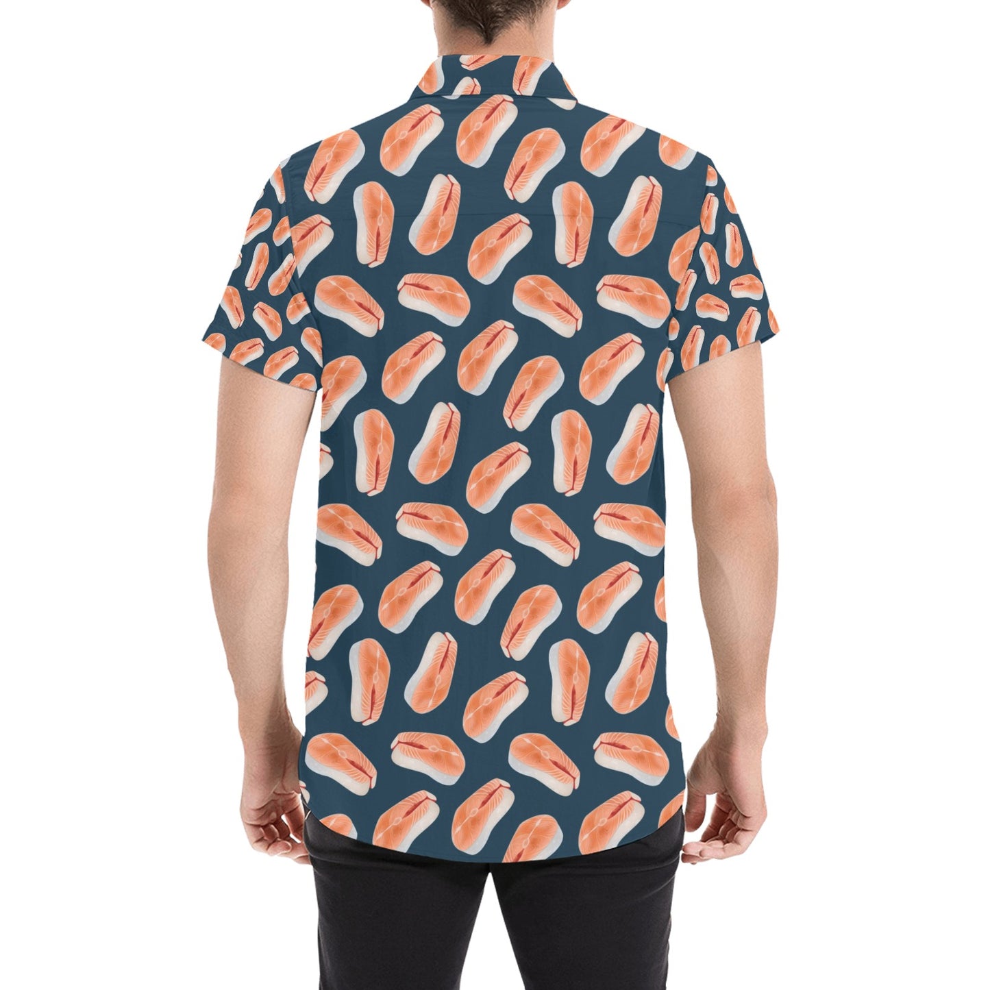 Salmon Steak Print Design LKS306 Men Short Sleeve Button Up Shirt