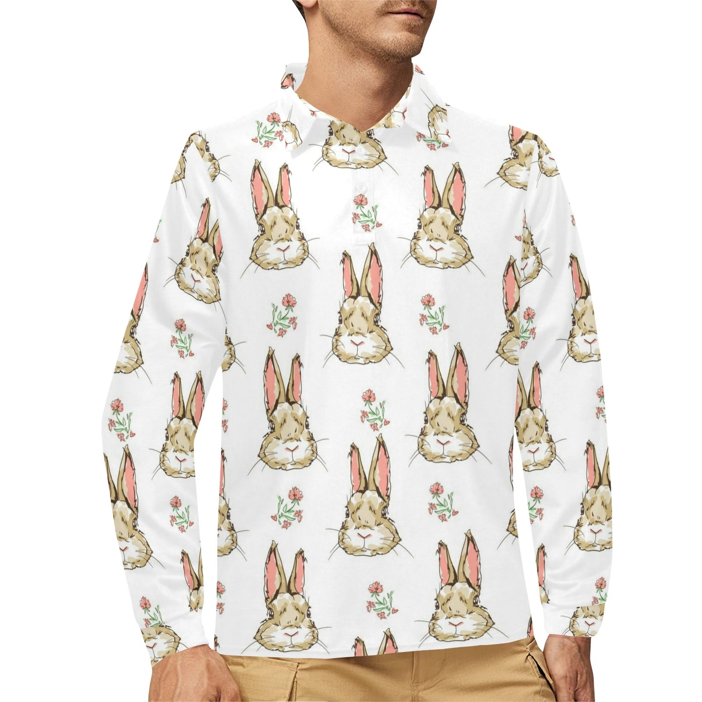 Rabbit Pattern Print Design RB09 Long Sleeve Polo Shirt For Men's
