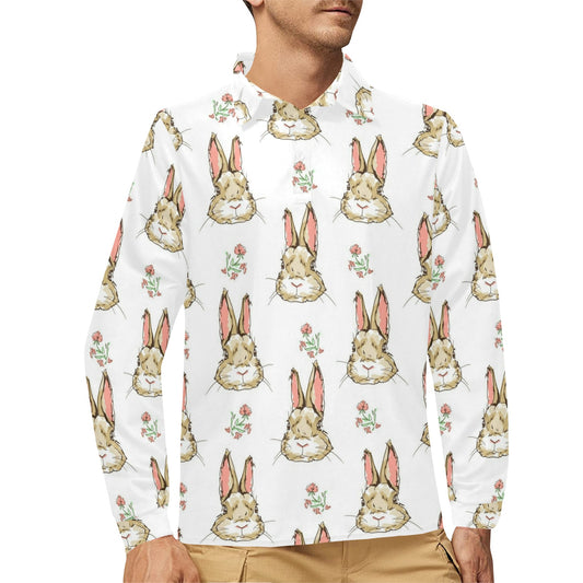 Rabbit Pattern Print Design RB09 Long Sleeve Polo Shirt For Men's