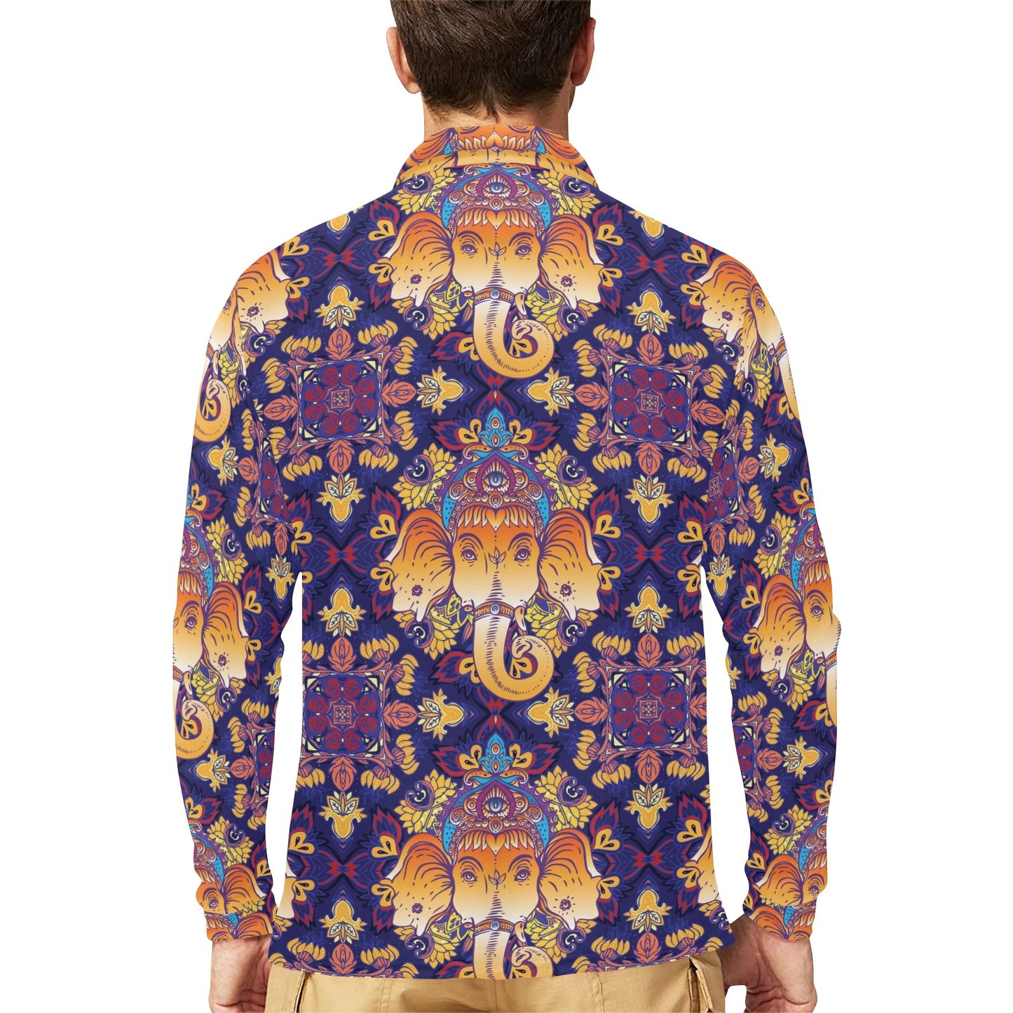 Ganesha Pattern Print Design 01 Long Sleeve Polo Shirt For Men's