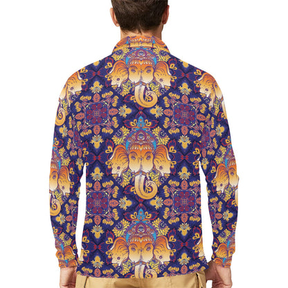 Ganesha Pattern Print Design 01 Long Sleeve Polo Shirt For Men's