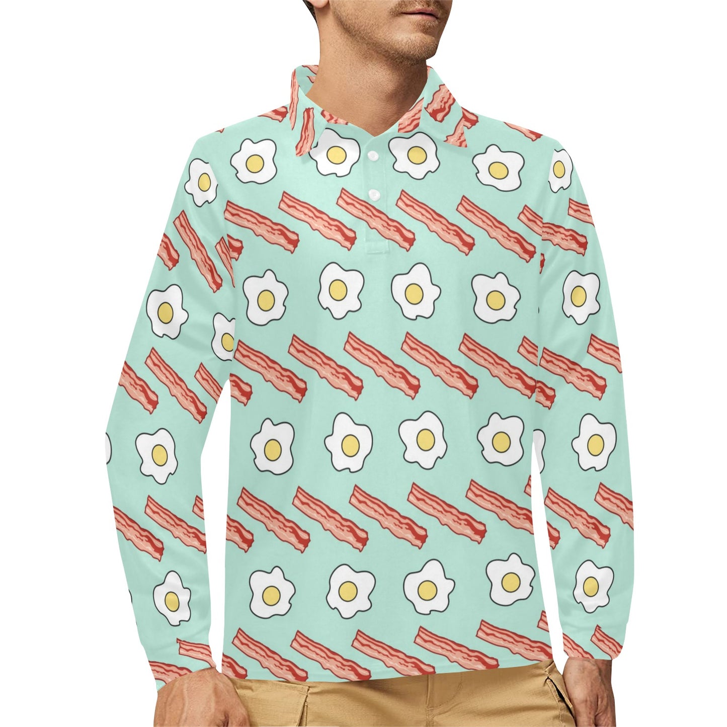 Bacon Sausage Pattern Print Design 01 Long Sleeve Polo Shirt For Men's
