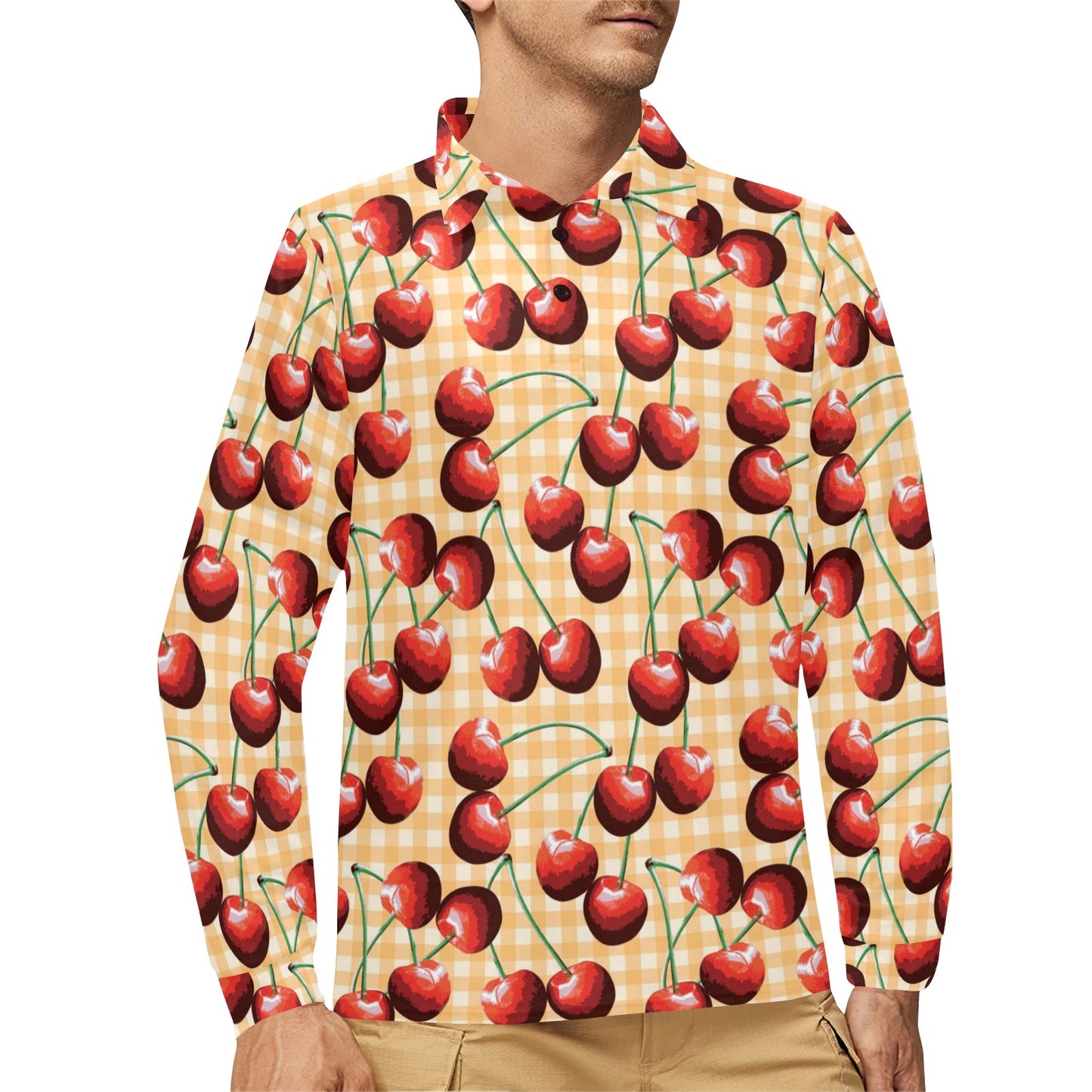 Cherry Orange Plaid Print Long Sleeve Polo Shirt For Men's