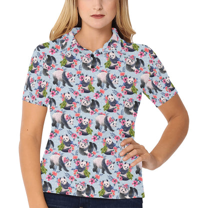 Panda Bear Flower Design Themed Print Women's Polo Shirt