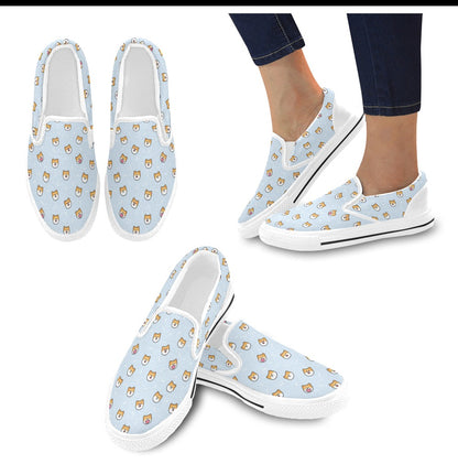 Shiba Inu Print Design LKS3012 White Slip Ons Canvas Women's Shoes