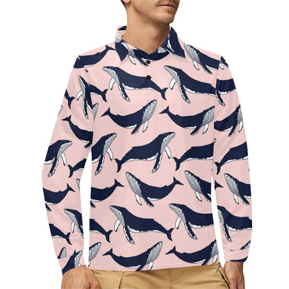 Humpback Whale Pattern Print Design 02 Long Sleeve Polo Shirt For Men's