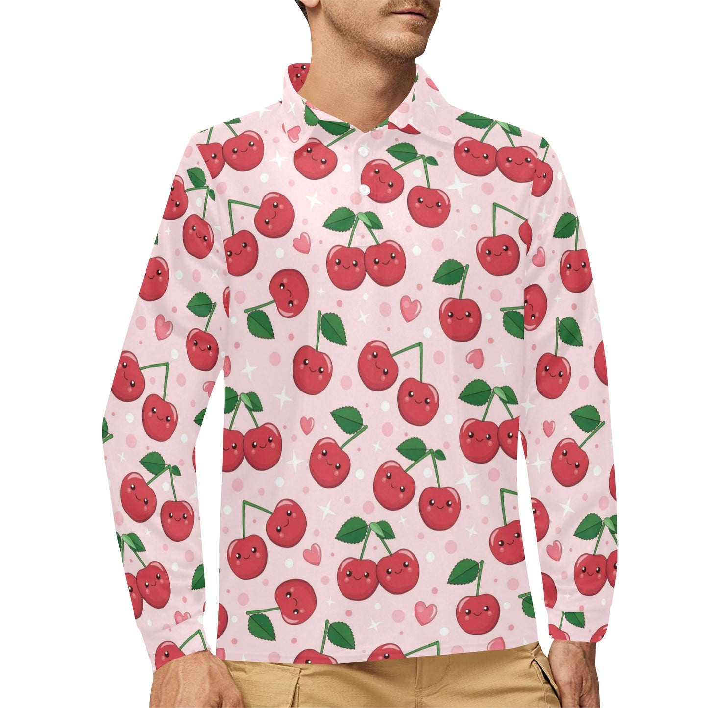 Cherry Pattern Print Design CH02 Long Sleeve Polo Shirt For Men's