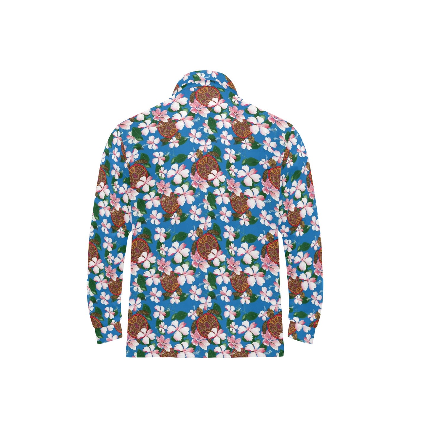 Sea Turtle Pink Hibiscus Hawaiian Print Long Sleeve Polo Shirt For Men's