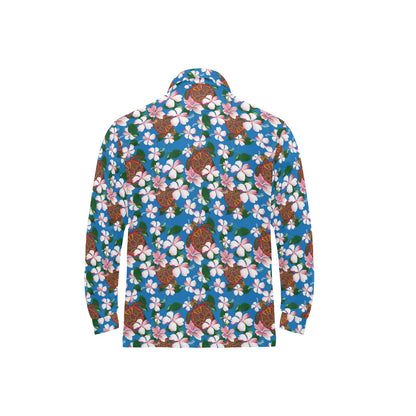 Sea Turtle Pink Hibiscus Hawaiian Print Long Sleeve Polo Shirt For Men's