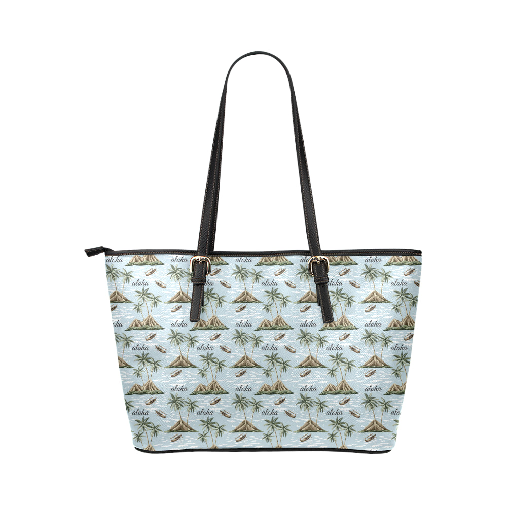 Aloha Hawaii island Design Themed Print Leather Tote Bag