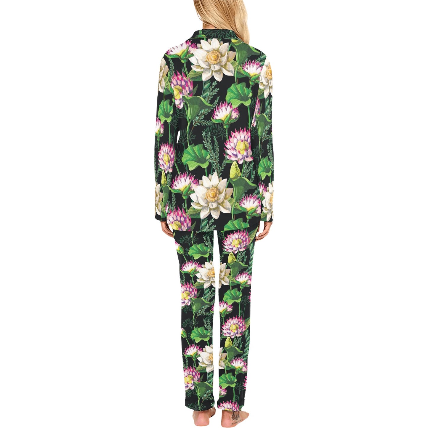 Water Lily Pattern Print Design WL010 Women's Long Pajama Set