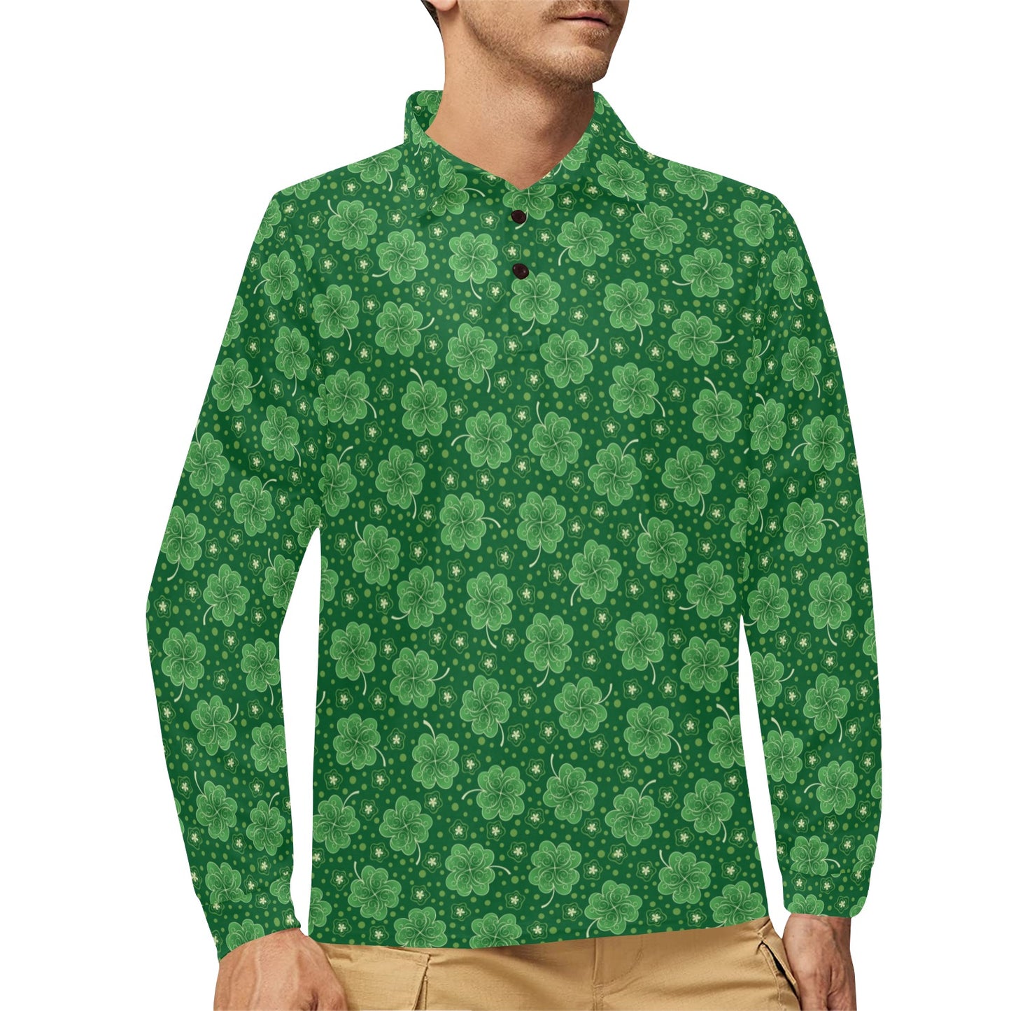 Shamrock Design Print Long Sleeve Polo Shirt For Men's
