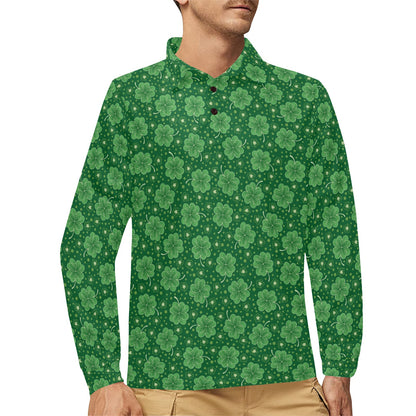 Shamrock Design Print Long Sleeve Polo Shirt For Men's