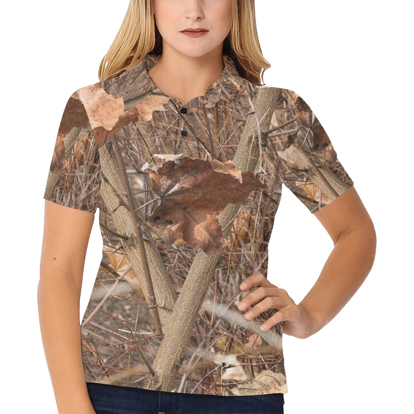 Camo Realistic Tree Forest Autumn Print Women's Polo Shirt