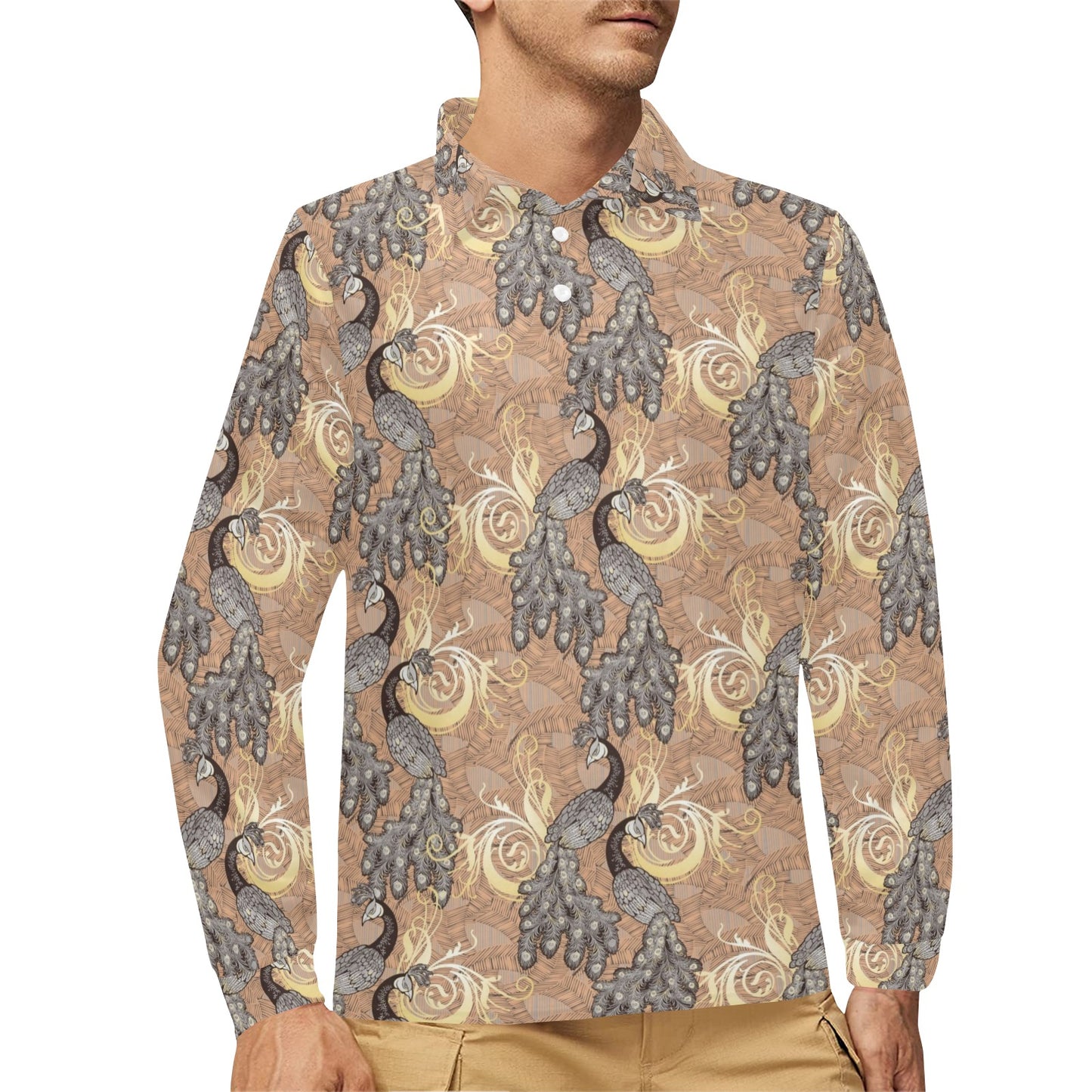 Peacock Pattern Print Design A05 Long Sleeve Polo Shirt For Men's