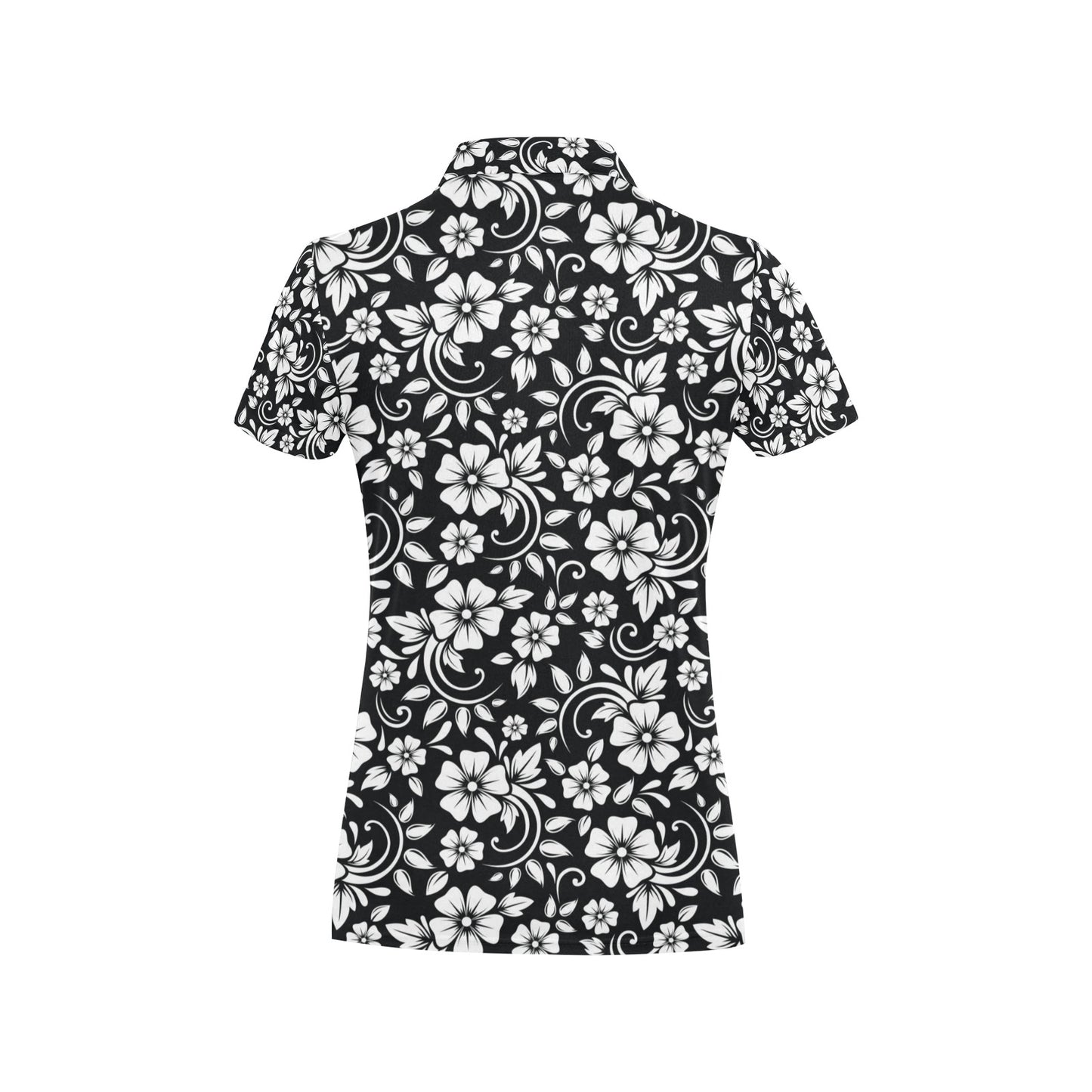 Floral Black White Themed Print Women's Polo Shirt