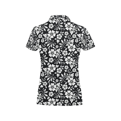 Floral Black White Themed Print Women's Polo Shirt
