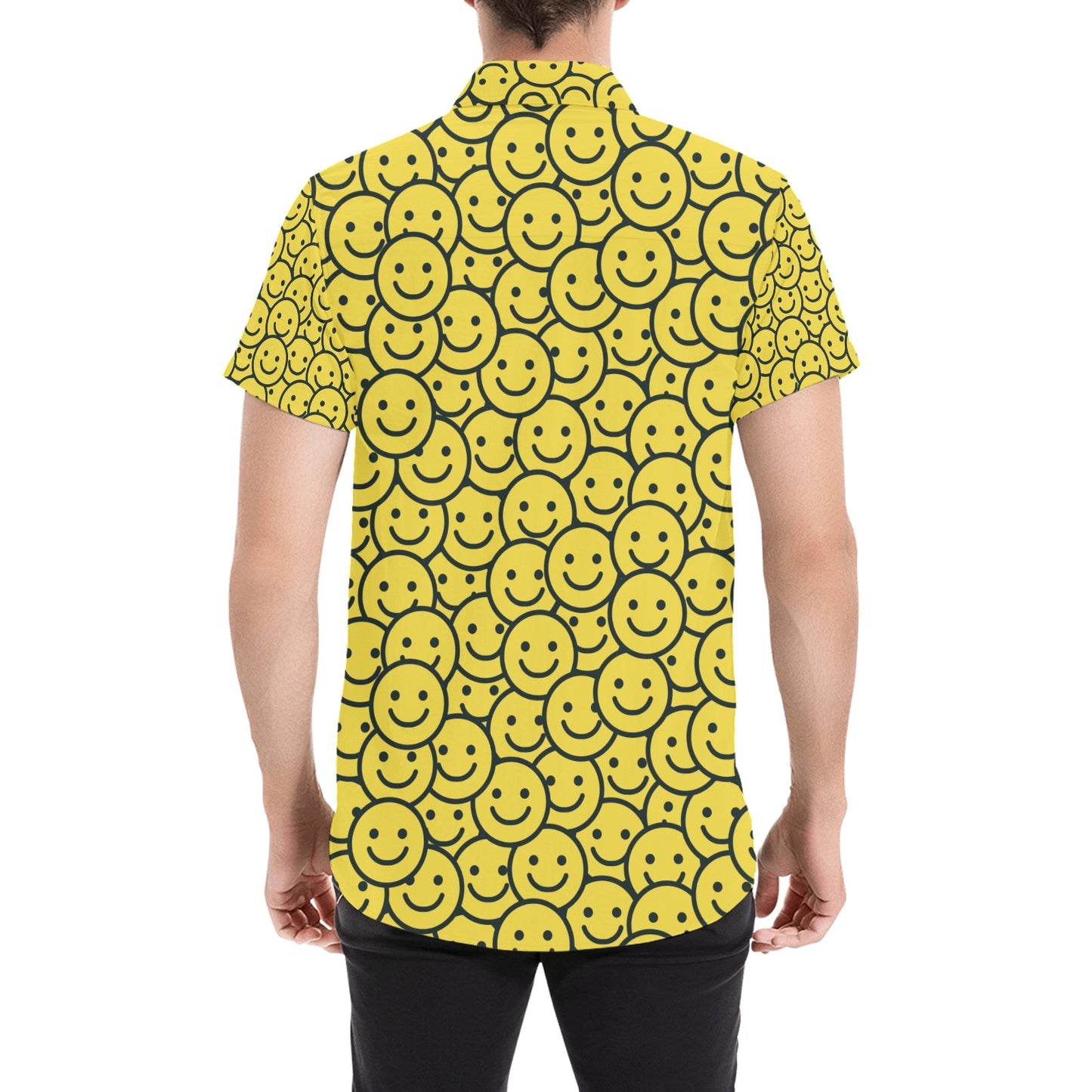 Smiley Face Emoji Print Design LKS302 Men Short Sleeve Button Up Shirt