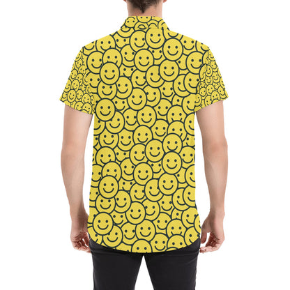 Smiley Face Emoji Print Design LKS302 Men Short Sleeve Button Up Shirt