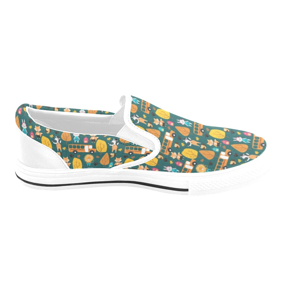 School Bus Print Design LKS309 White Slip Ons Canvas Women's Shoes