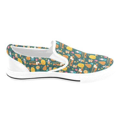 School Bus Print Design LKS309 White Slip Ons Canvas Women's Shoes