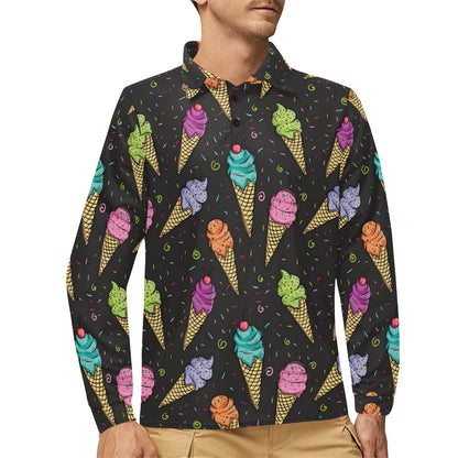 Ice Cream Pattern Print Design IC06 Long Sleeve Polo Shirt For Men's