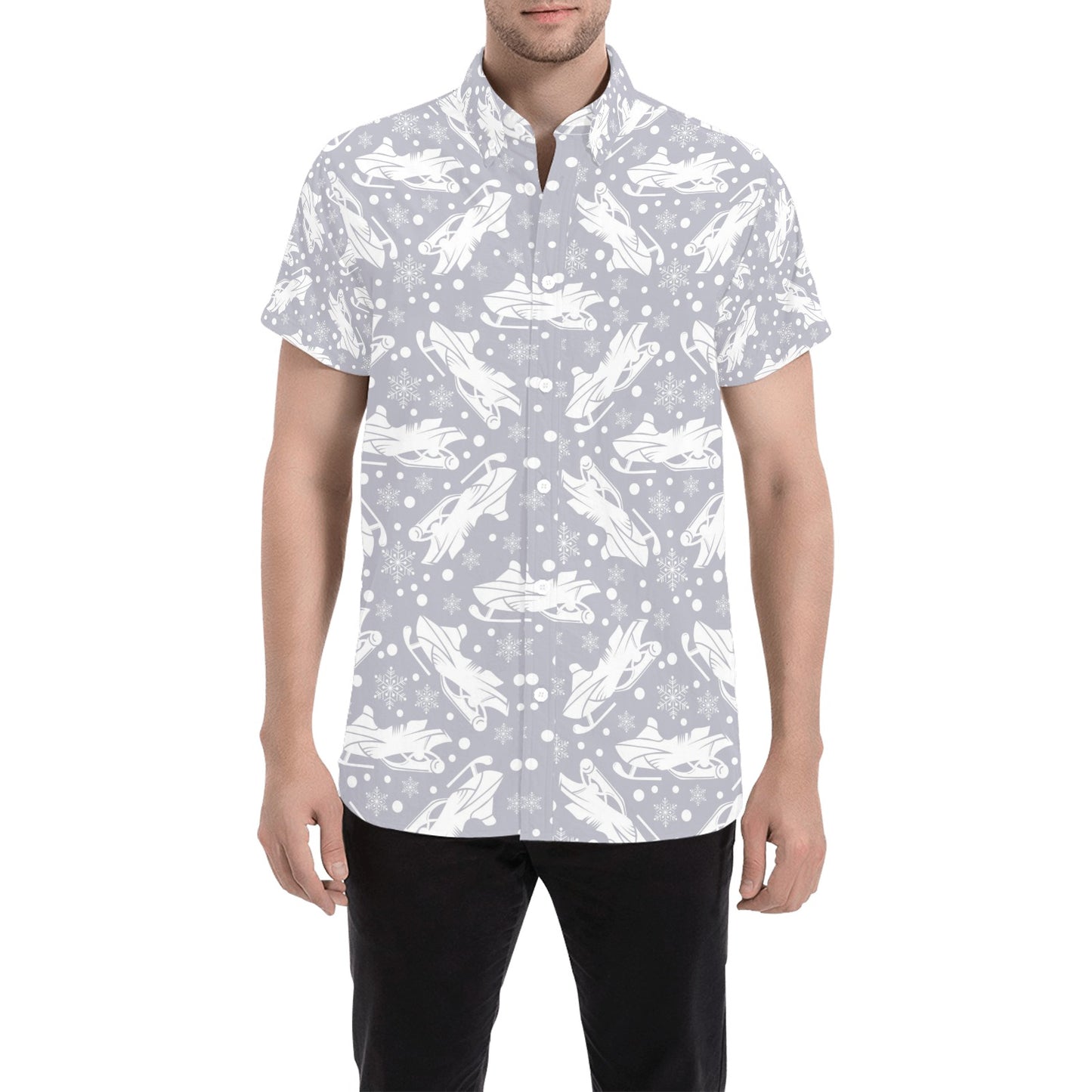 Snowmobile Print Design LKS302 Men Short Sleeve Button Up Shirt