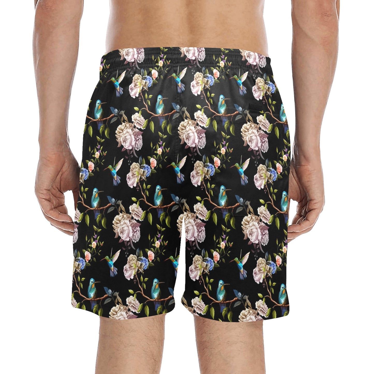Hummingbird Flower Themed Print Men's Swim Trunks Beach Shorts