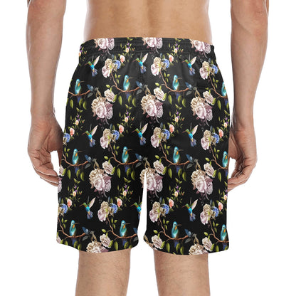 Hummingbird Flower Themed Print Men's Swim Trunks Beach Shorts