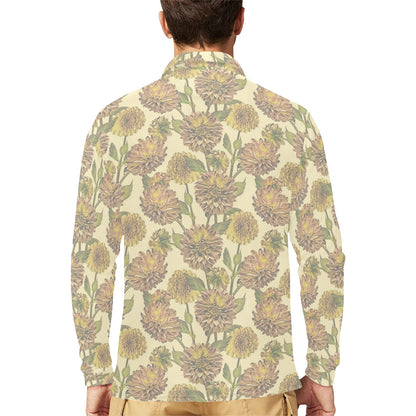 Dahlia Pattern Print Design DH09 Long Sleeve Polo Shirt For Men's
