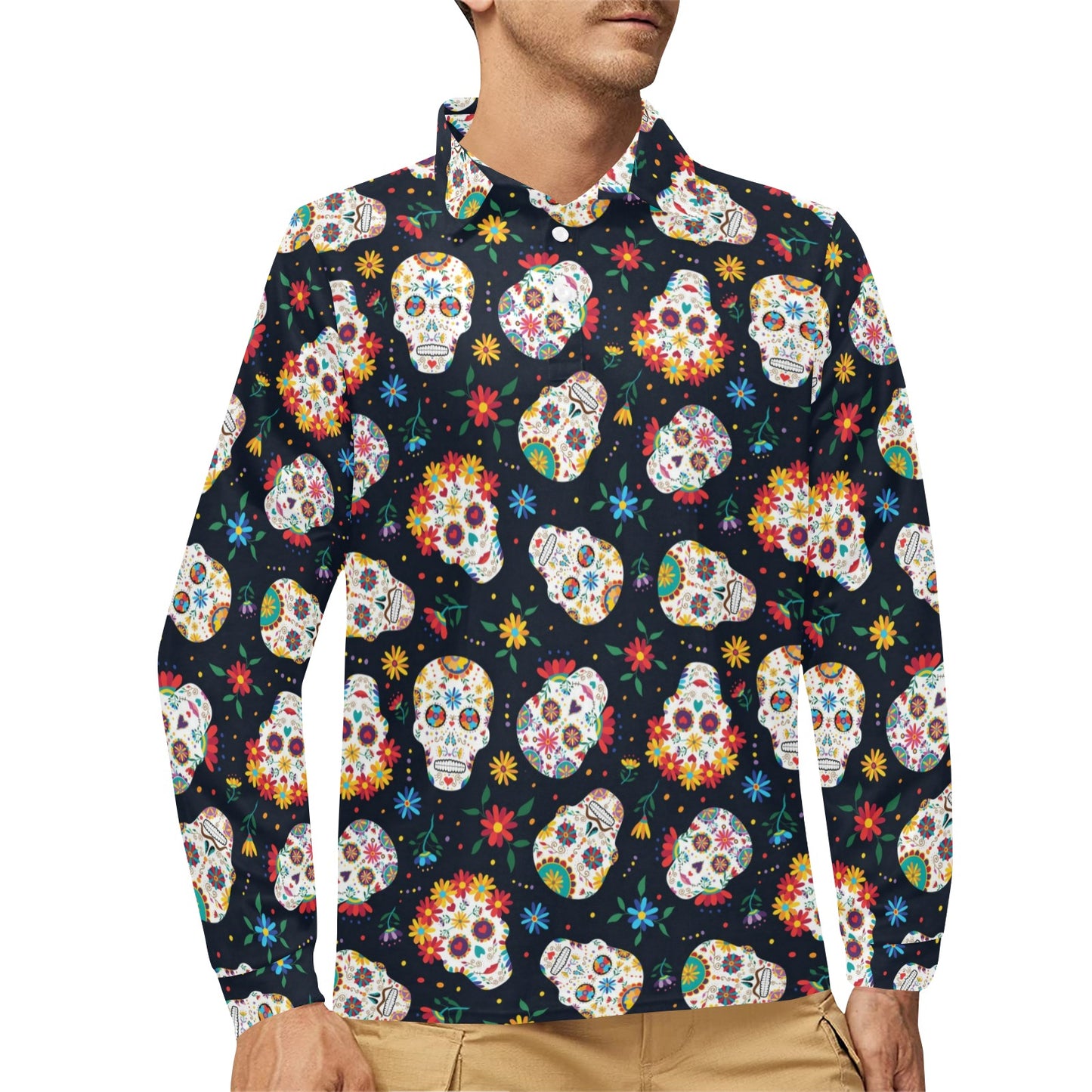Sugar Skull Print Design LKS305 Long Sleeve Polo Shirt For Men's