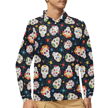 Sugar Skull Print Design LKS305 Long Sleeve Polo Shirt For Men's
