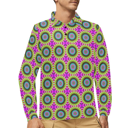 Optical illusion Flower Rainbow Style Long Sleeve Polo Shirt For Men's
