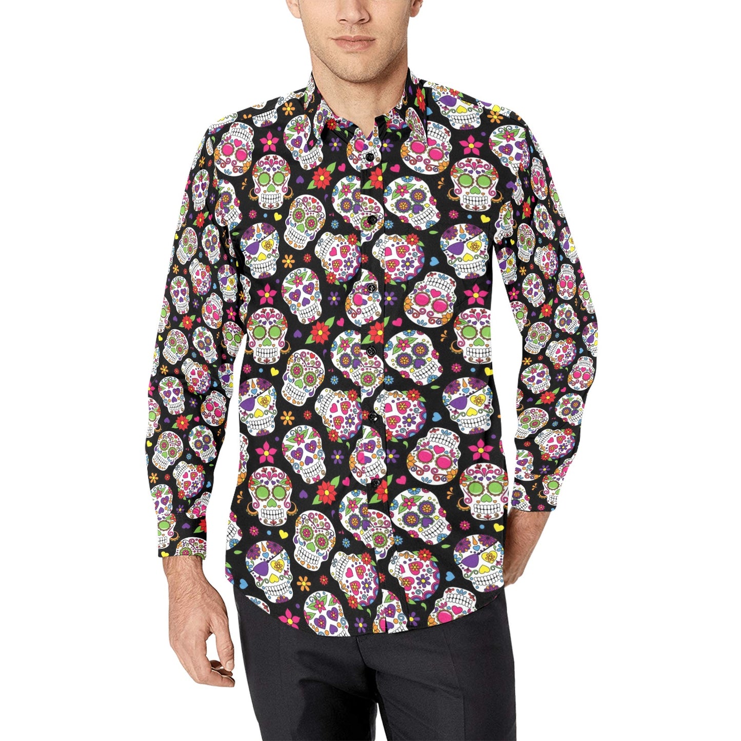Sugar Skull Print Design LKS302 Men's Long Sleeve Dress Shirt